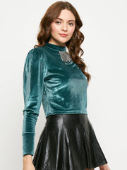 Madame Peacock Blue Rhinestone Embellished Mock Neck Velvet Top