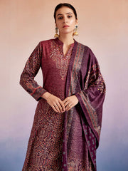 Pink Woolen Floral Printed Kurta Set With Dupatta