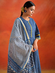 Indigo Blue Indigo Mirror Work Anarkali Kurta Set With Dupatta