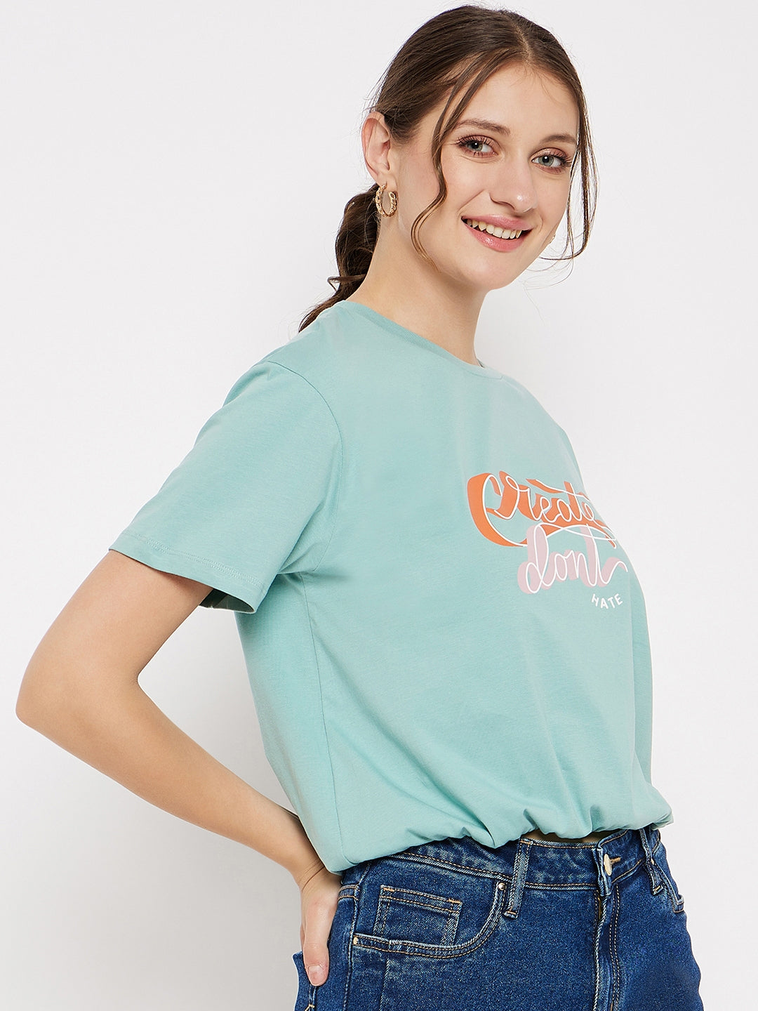 Madame Crew Neck Green Printed T-Shirt