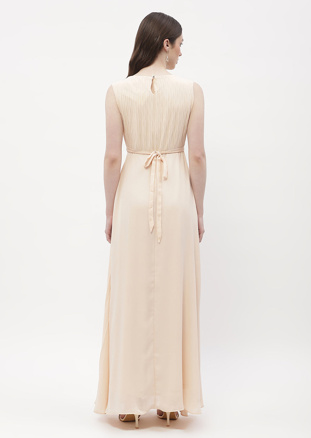 Madame Embellished Beige Crew Neck Maxi Dress