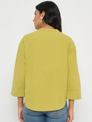 Madame Button Detail Solid Green Cotton Top