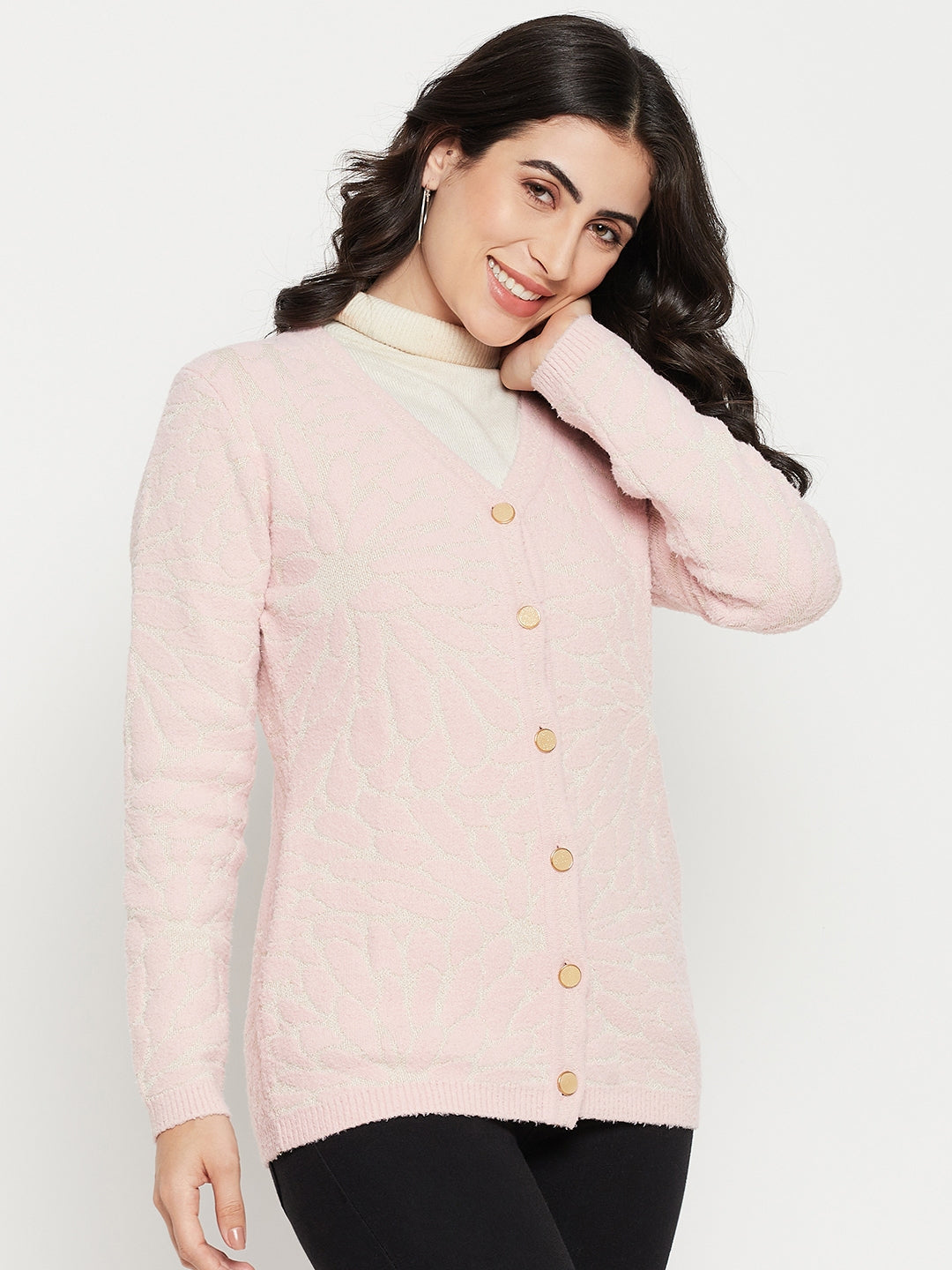 Madame V-Neck Solid Pink Cardigan