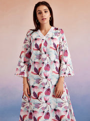 Off White & Magenta Floral Printed A-Line Kurta