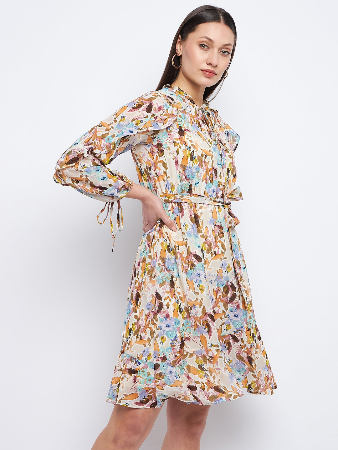 Madame Floral Print Off-White Ruffle Dress