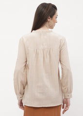 Madame Ruffle Mandarin Collar Beige Striped Top