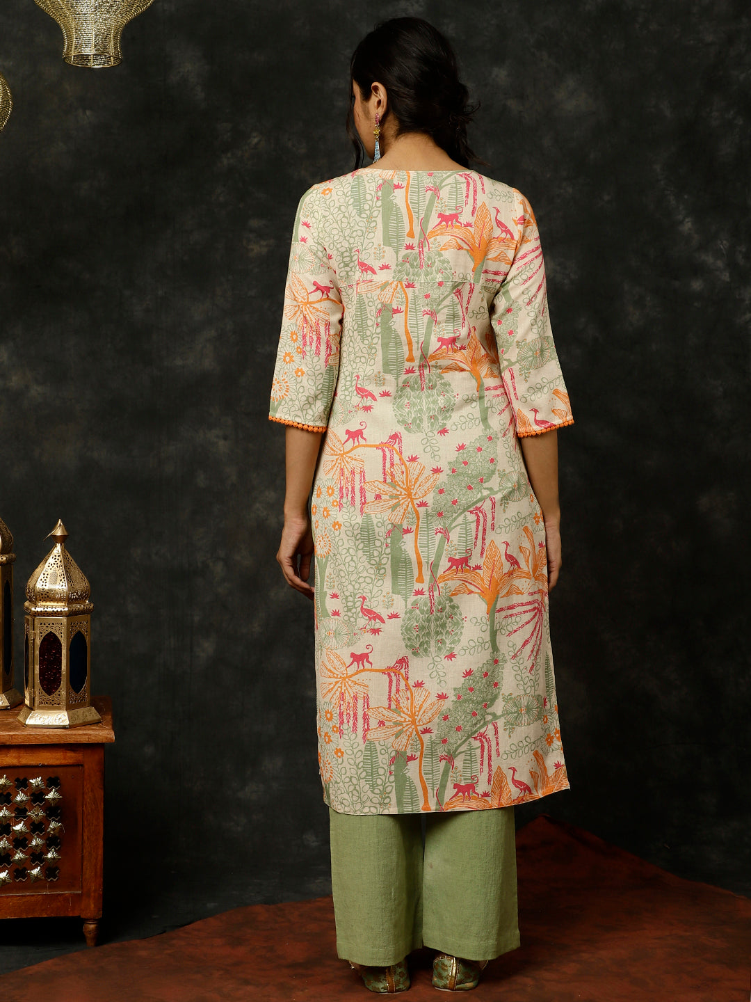 Green Kantha Work Printed Straight Kurta With Palazzo
