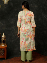 Green Kantha Work Printed Straight Kurta With Palazzo