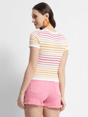 Madame Striped Crew Neck Knitted Off White Top