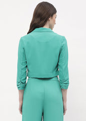 Madame Ruched Sleeve Green Lapel Collar Crop Blazer