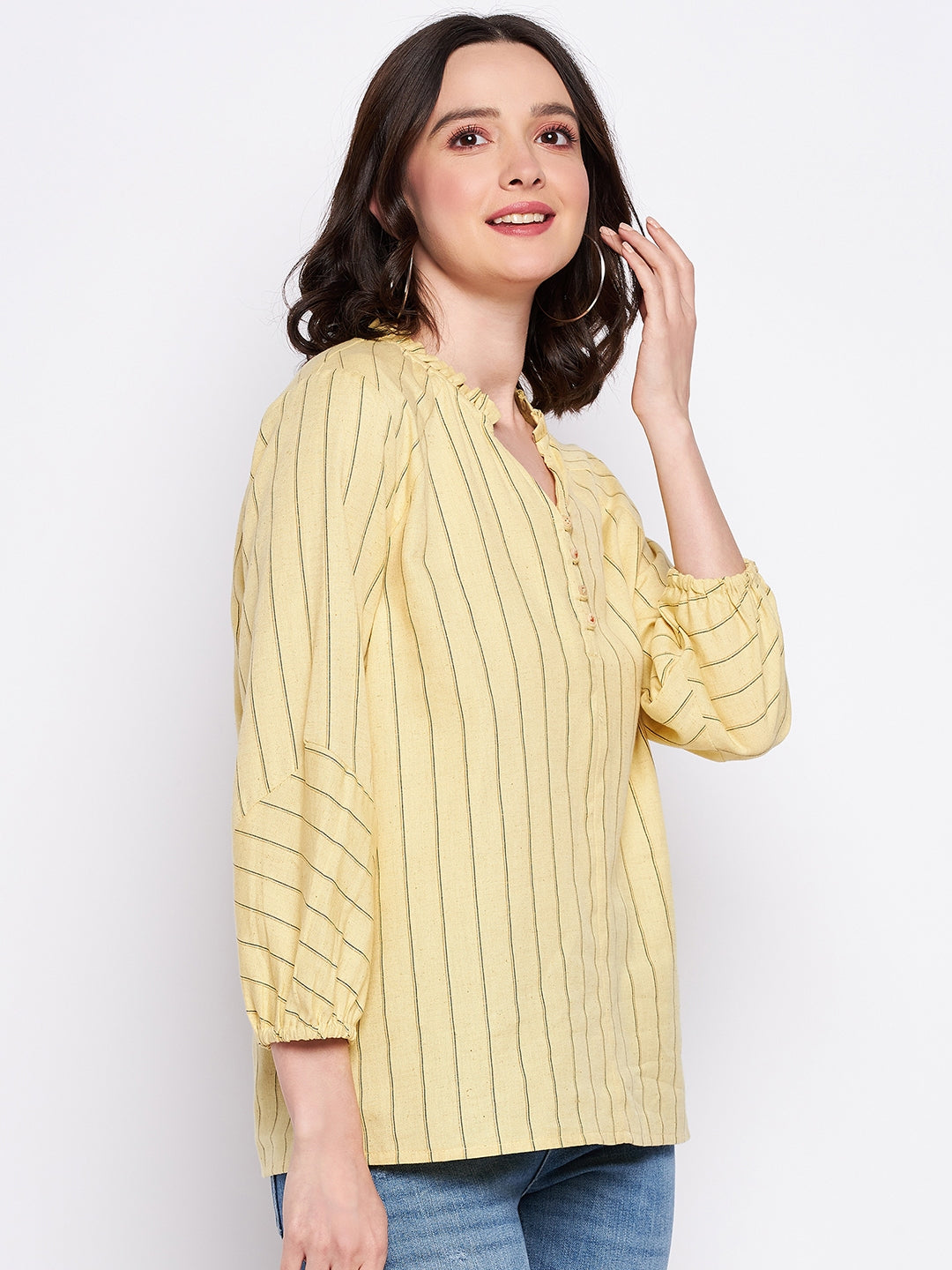 Madame Mustard Frill-Neckline Striped Top