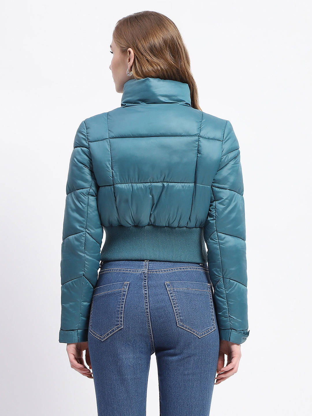 Madame Cropped Aqua Quilted Puffer High Neck Jacket