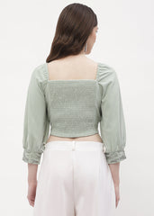 Madame Sweetheart Neck Sage Green Embellished Cuffs Top