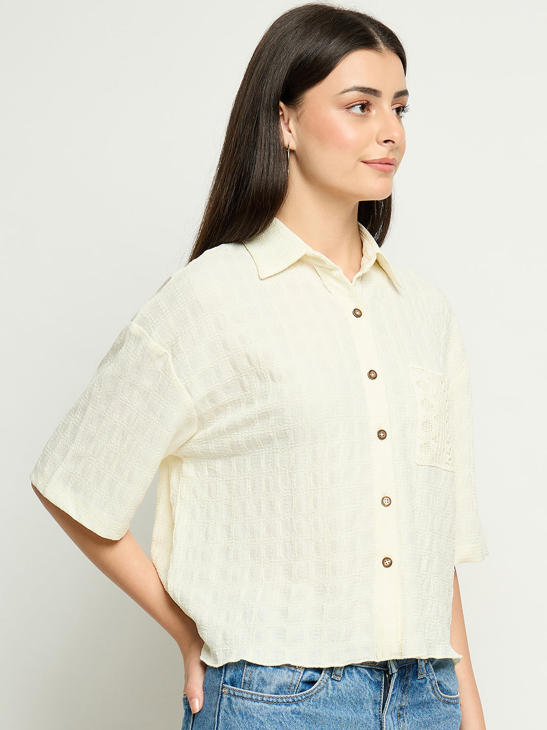 Off-white Madame ladies western shirt, long-sleeve upper with Western-style details, casual fit, front button closure.