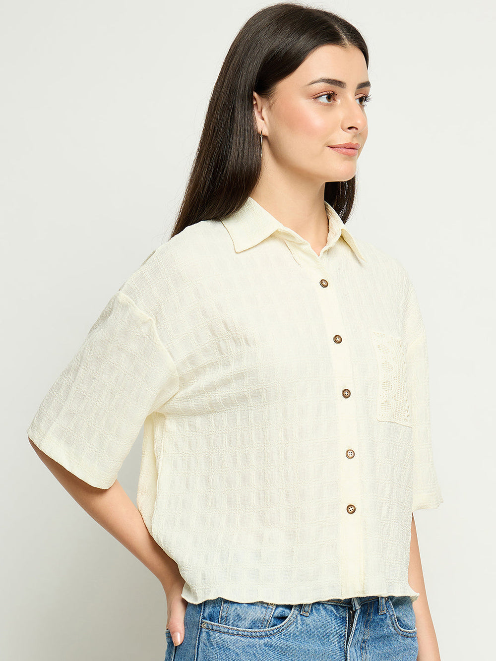 Off-white Madame ladies western shirt, long-sleeve upper with Western-style details, casual fit, front button closure.