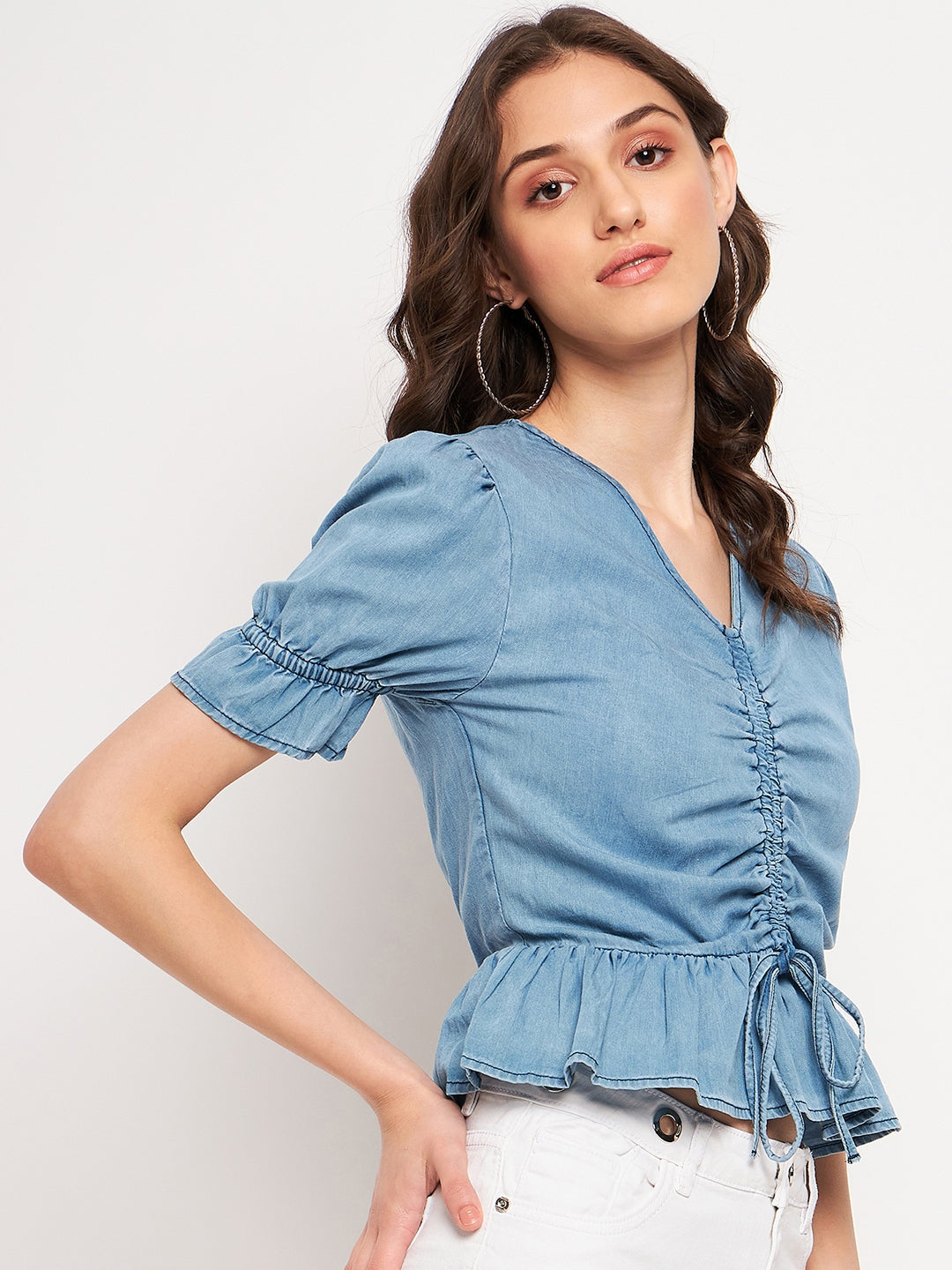 Madame Ruched Front Tie Detail Indigo Peplum Top