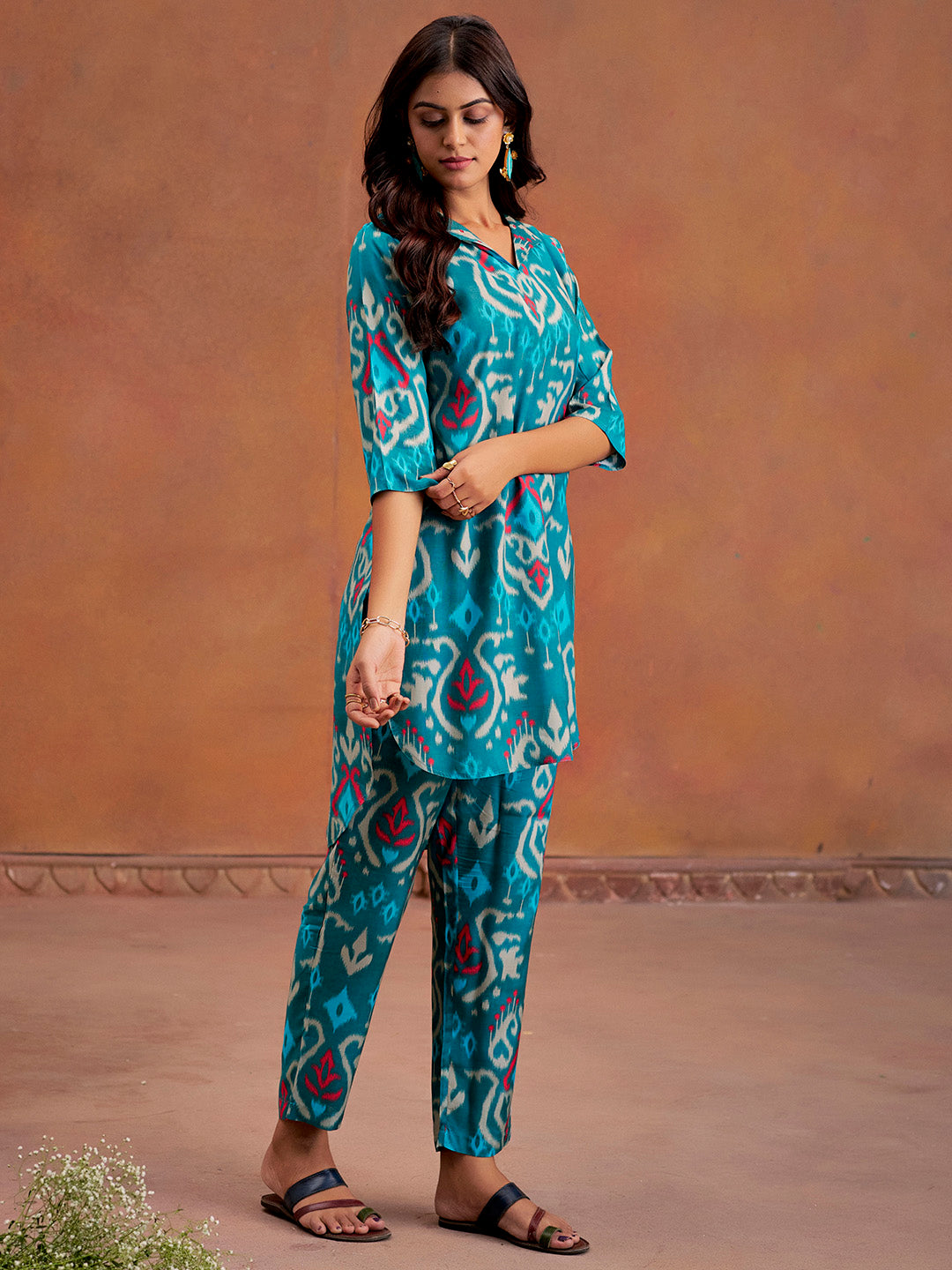 Teal Ikat Printed Festive Co-Ord Set