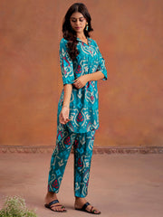 Teal Ikat Printed Festive Co-Ord Set