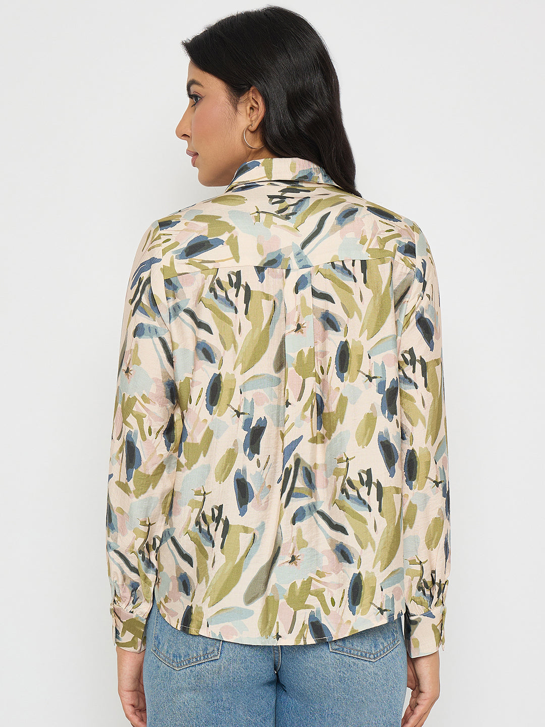 Madame Abstract Print Olive Green Rayon Blend Shirt