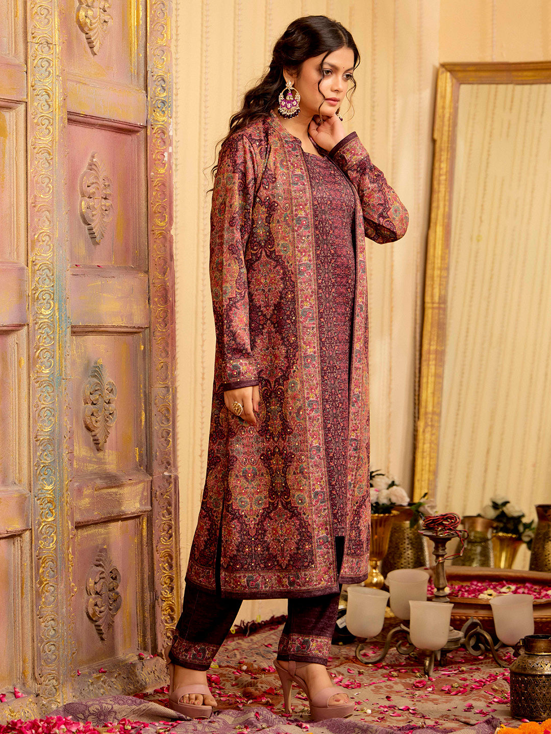 Wine Color Woolen Ethnic Printed Co-Ord Set