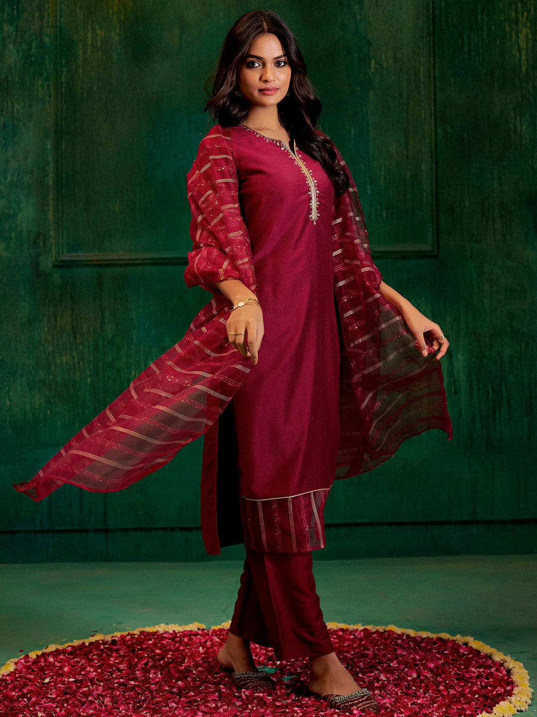 Jaipur Kurti Ladies Western Kurti 3Pcs Set 1C23Kptdr0010 Mehroon