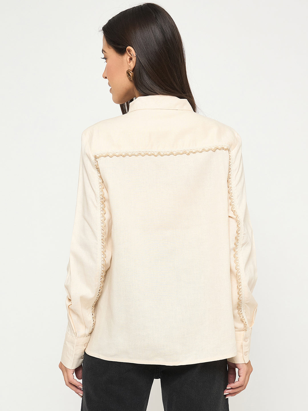 Madame Patchwork And Lace Detailed Beige Cotton Shirt