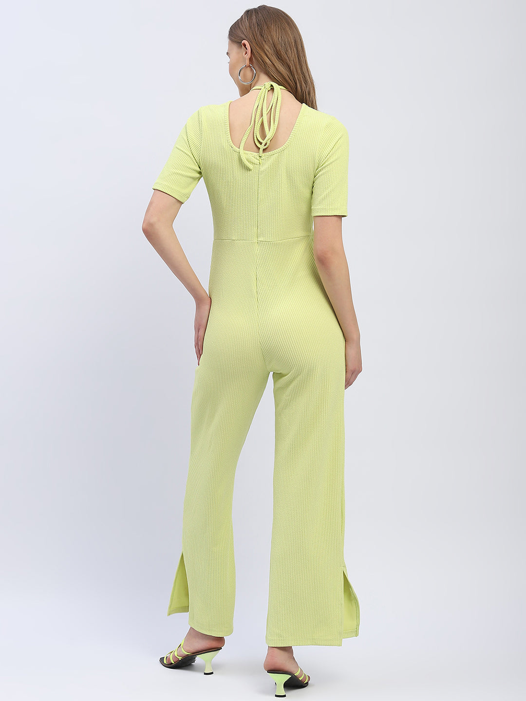 Madame Halter Neck Neon Green Ribbed Jumpsuit