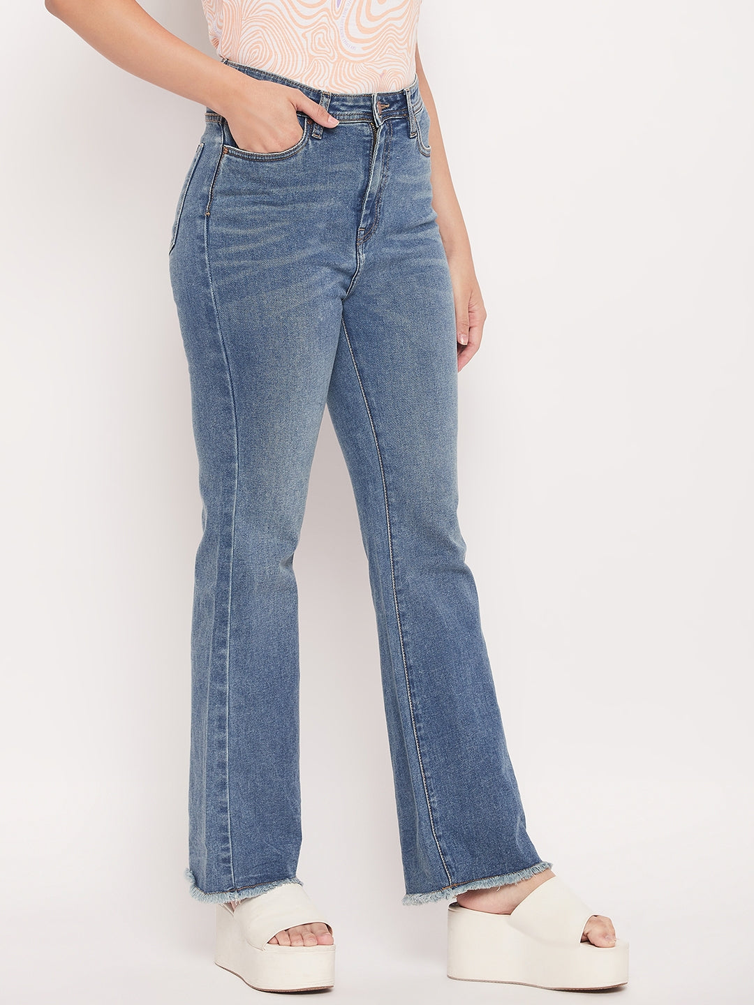Madame Light Blue Fade Raw Hem Flared Jeans