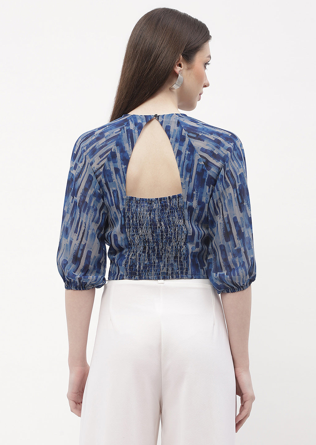 Madame Raglan Sleeve Blue Abstract Print Crop Top