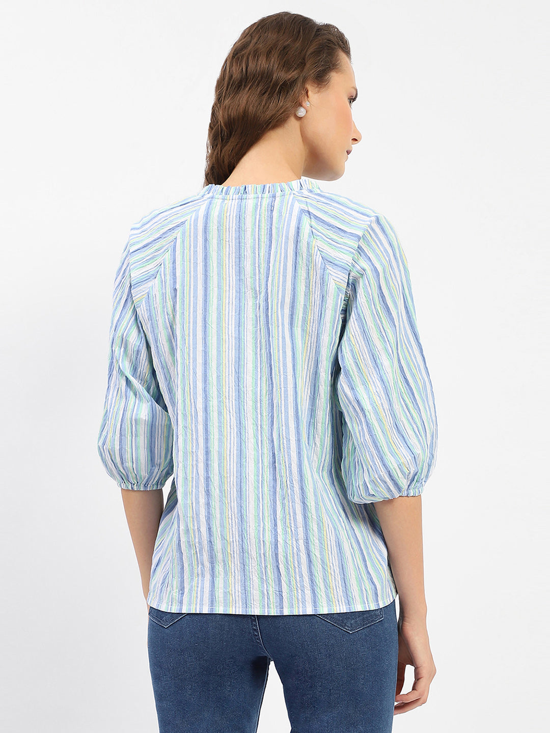 Madame Striped Sky Blue Raglan Sleeve Shirt