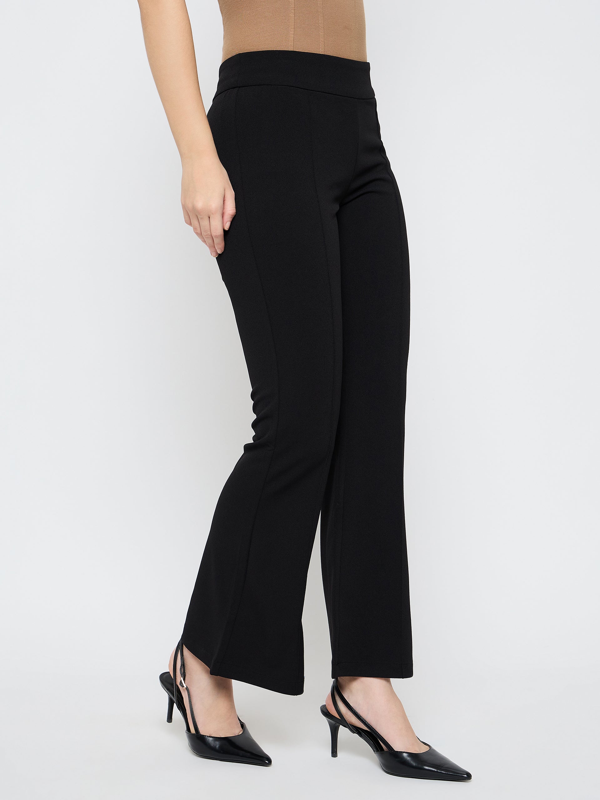 Madame Pleat Detailed Solid Black Flared Trousers