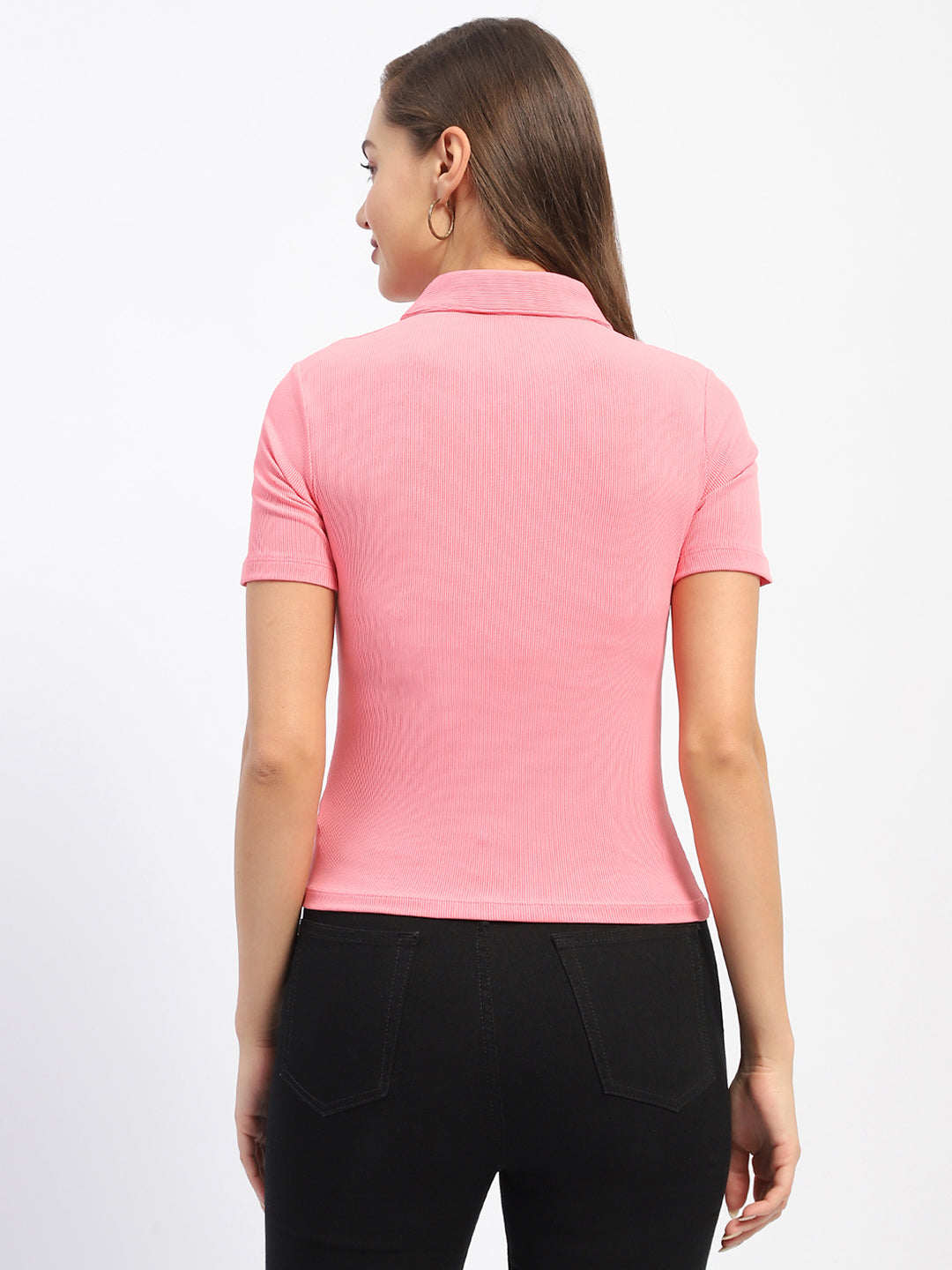 Madame Solid Pink Polo Neck T-Shirt