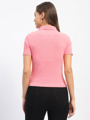 Madame Solid Pink Polo Neck T-Shirt