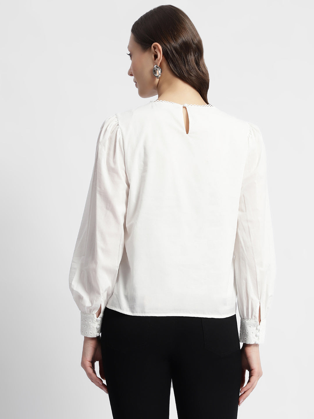 Madame Schiffli Adorned Puff Sleeve White Top