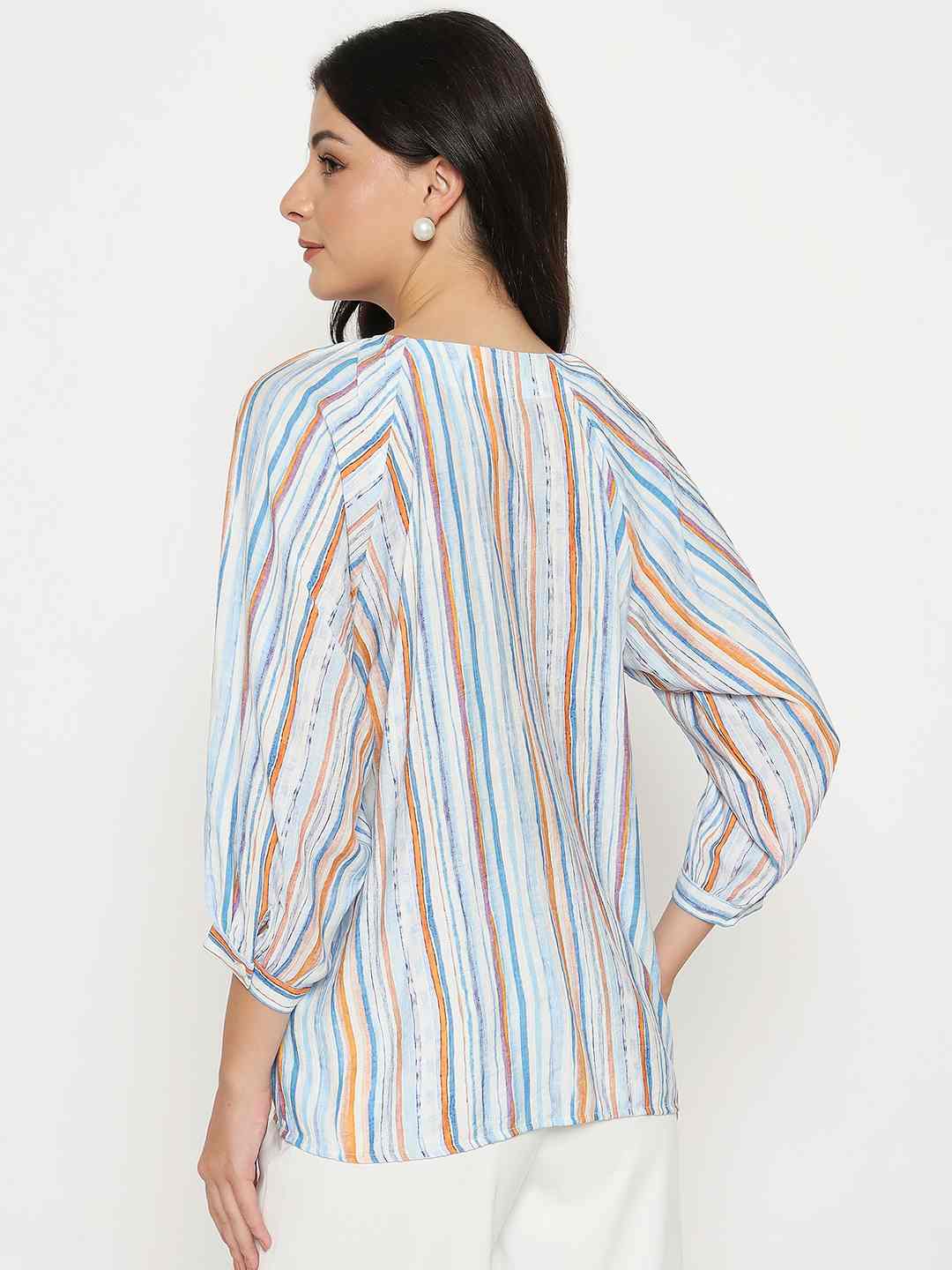 Madame Striped Rayon Blend Blue Top