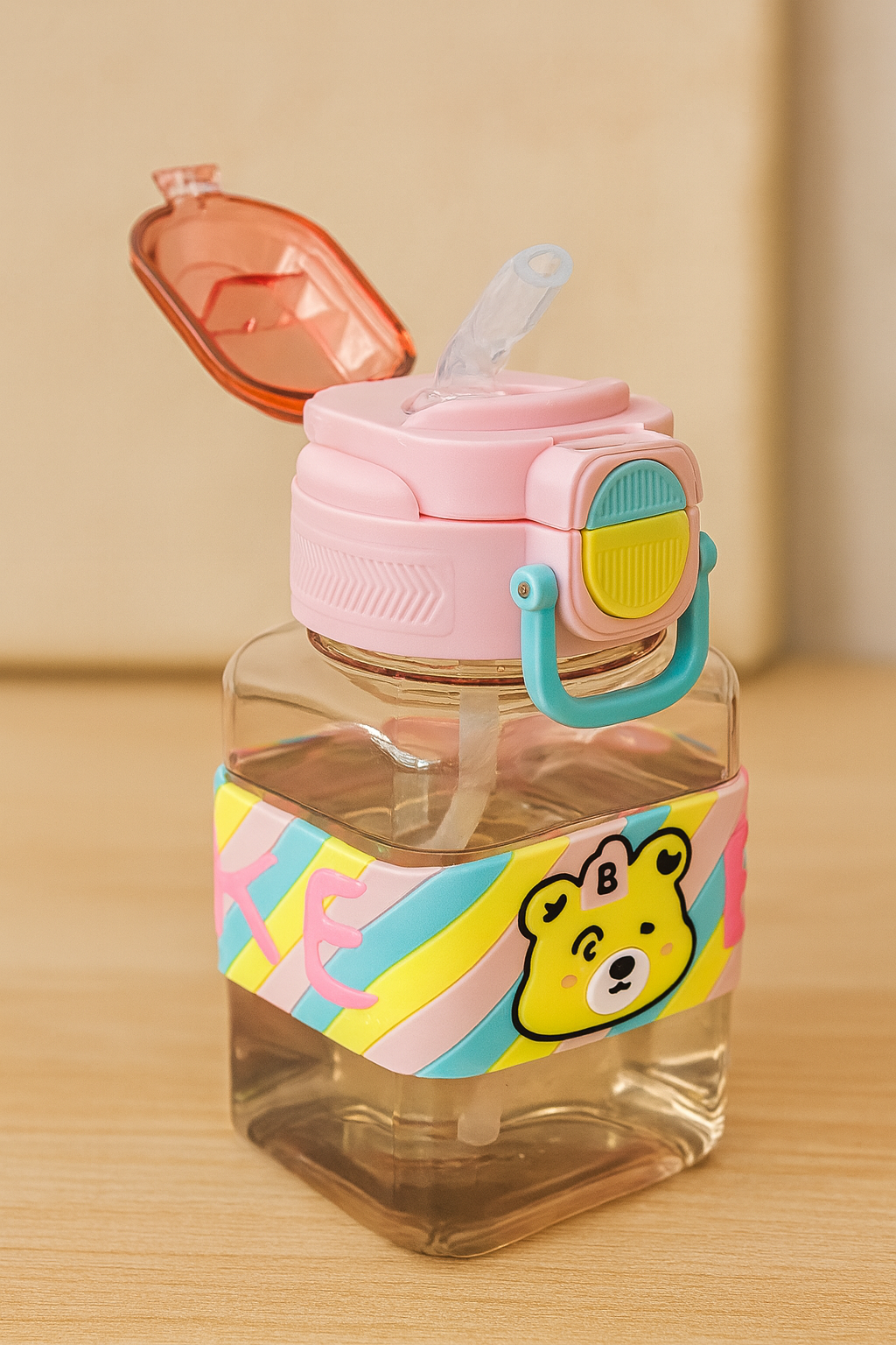 Cute Bear Kids Water Bottle With Straw & Flip-Top Lid – Bpa-Free Leak-Proof Sipper Bottle (Pink)