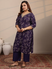 Plus Size Purple Printed Silk Blend Straight Suit Set With Dupatta