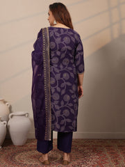 Plus Size Purple Printed Silk Blend Straight Suit Set With Dupatta