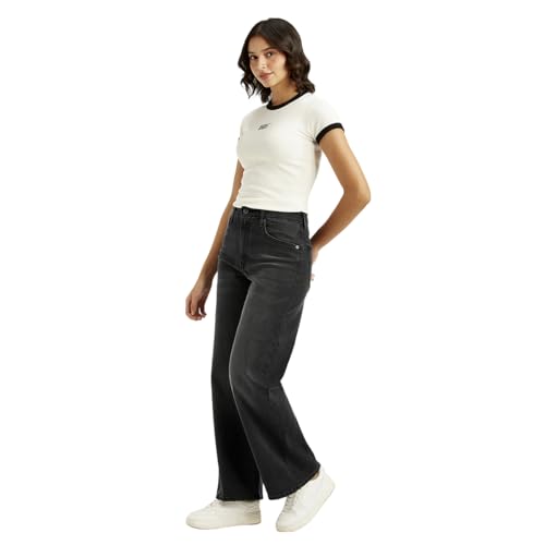 Levis women's charcoal grey high-rise wide-leg jeans with mile-high fit, shown on a model with hands in pockets.