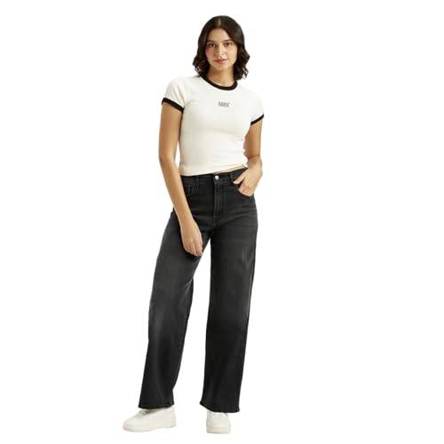 Levi's women's charcoal grey high rise wide leg jeans with mile-high fit, displayed on a mannequin.
