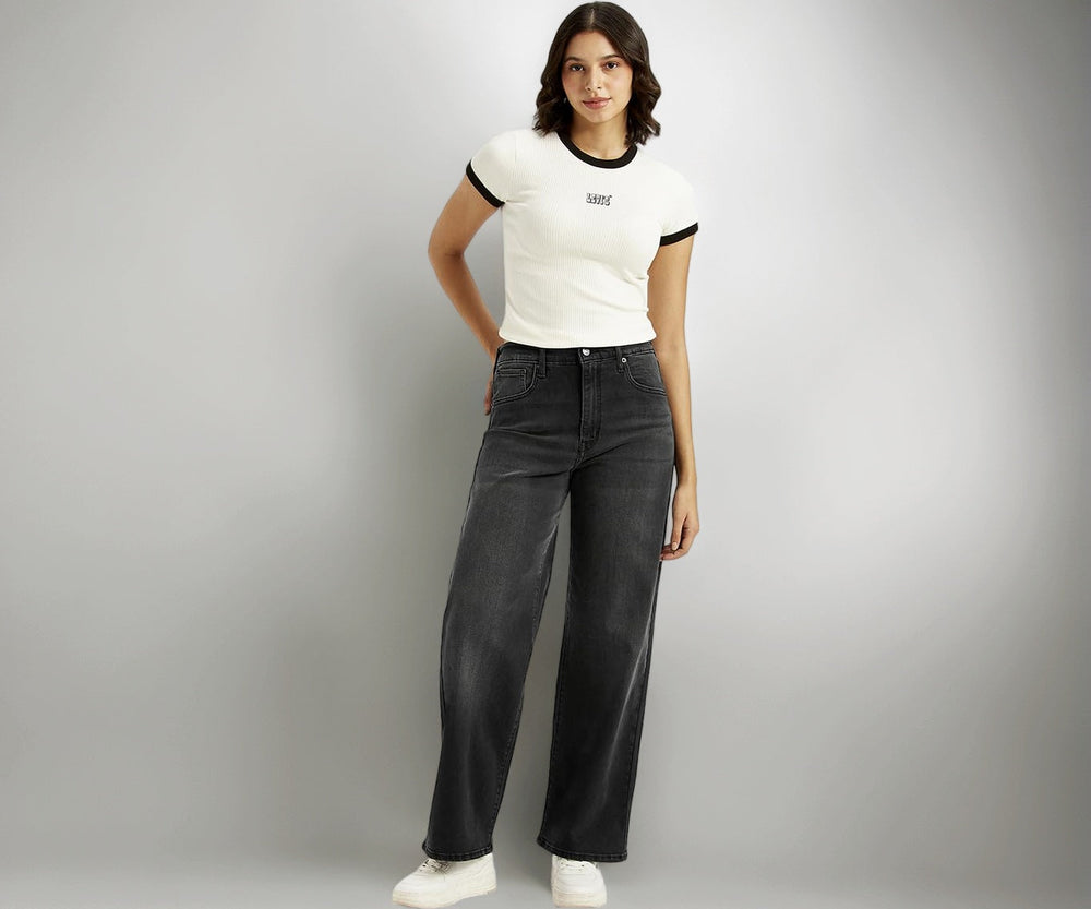 Levi's women's charcoal grey high-rise wide-leg jeans with mile-high fit, shown on a model standing against a neutral background.