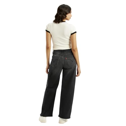 Levi's women's charcoal grey high-rise wide-leg jeans with a mile-high fit, showcasing the relaxed silhouette and sturdy denim fabric.