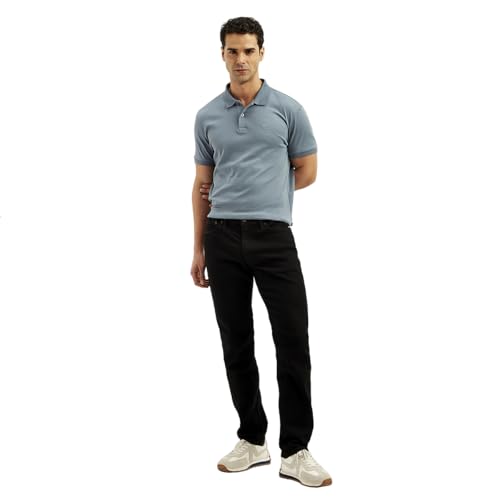 Men's Levi's 511 black slim fit mid-rise jeans, shown on a hanger with a close-up of the fabric and stitching details.