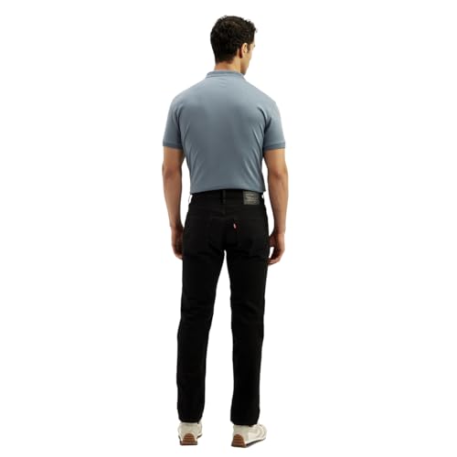 Levi's men's 511 black slim fit mid-rise jeans with classic five-pocket design and belt loops, displayed on a hanger.