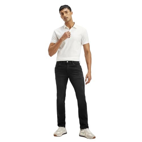 Levi's men's slim black jeans displayed on a hanger, showing the fit and classic five-pocket design.