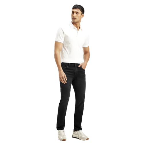 Levi's men's slim black jeans displayed on a hanger, showcasing the fit and fabric texture.