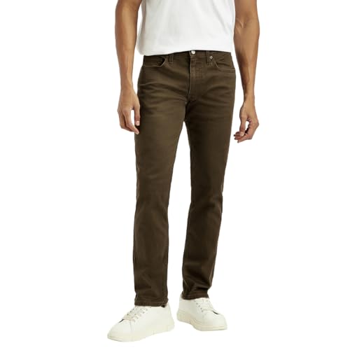 Levi's men's brown 511 slim fit mid-rise jeans with classic five-pocket design and belt loops, displayed on a hanger.