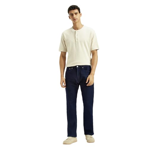 Blue Levi's men's regular jeans with classic fit, shown folded on a flat surface, featuring five-pocket design and Levi's logo patch.
