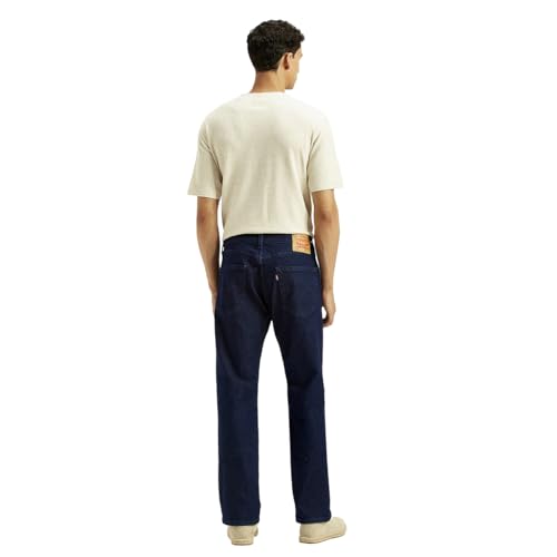 Levi's men's regular fit blue jeans displayed on a hanger, showcasing classic denim style and stitching details.