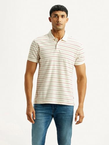 Levi's Men's Striped Off-White Slim Fit Polo T-Shirt